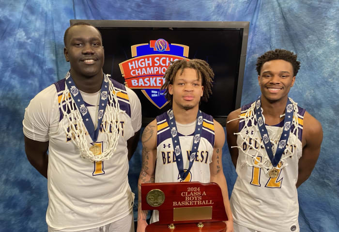 Bellevue West seniors, from left, Jacob Arop, Isaiah McMorris and Jaden Jackson stop for a photo after a postgame interview following Saturday's 57-48 Class A title win over Millard North. The win gave the Thunderbirds a second title in a row and third in the past five years. Photo by AKendeighKETV on X.